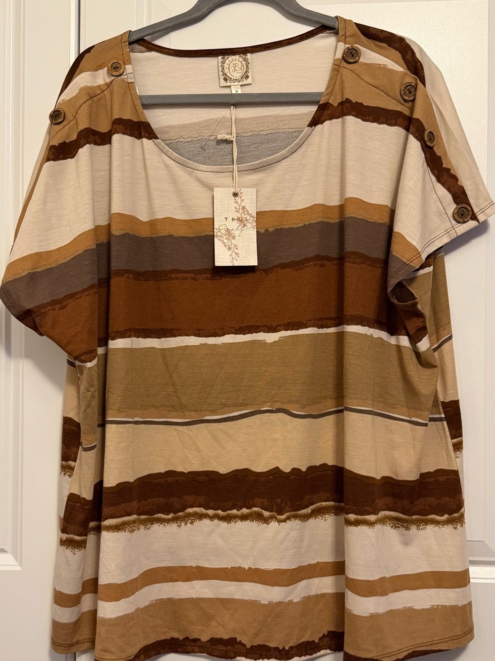 Striped Button-Shoulder Women’s Top — Brown Multi